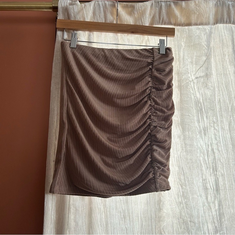 Naked Wardrobe Ruched Tan Bodycon Mini Skirt Elastic Waist NEW Size L